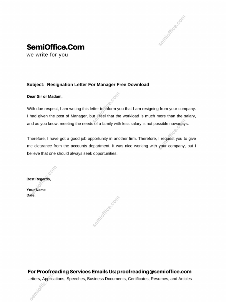 Resignation Letter For Manager Free Download