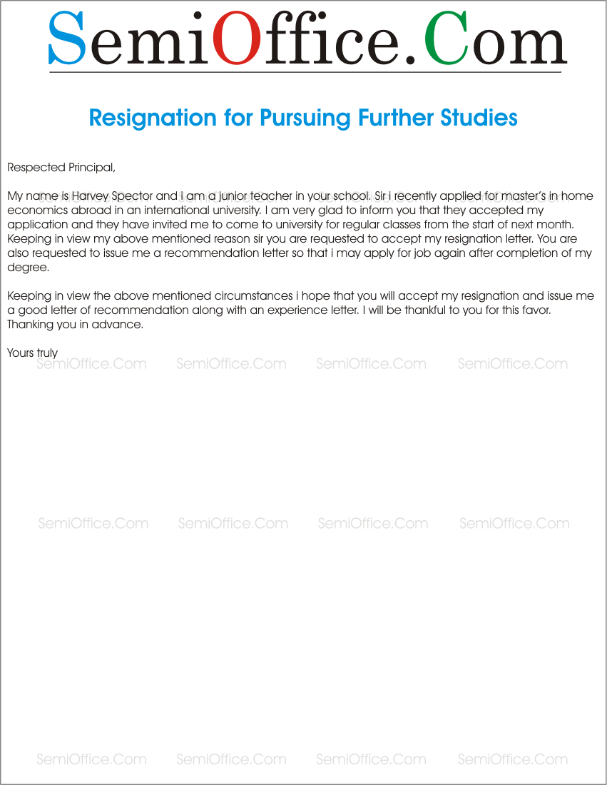 Resignation Letter for Further Studies