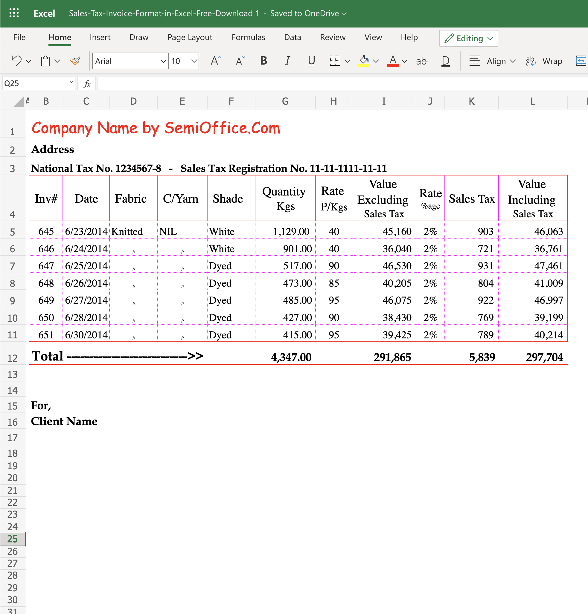 Sales Tax Invoice Format in Word file for Companies, Retailers