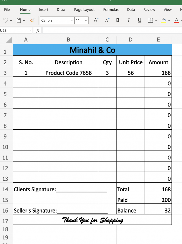 Sales invoice Format in Excel Template by Semioffice.Com