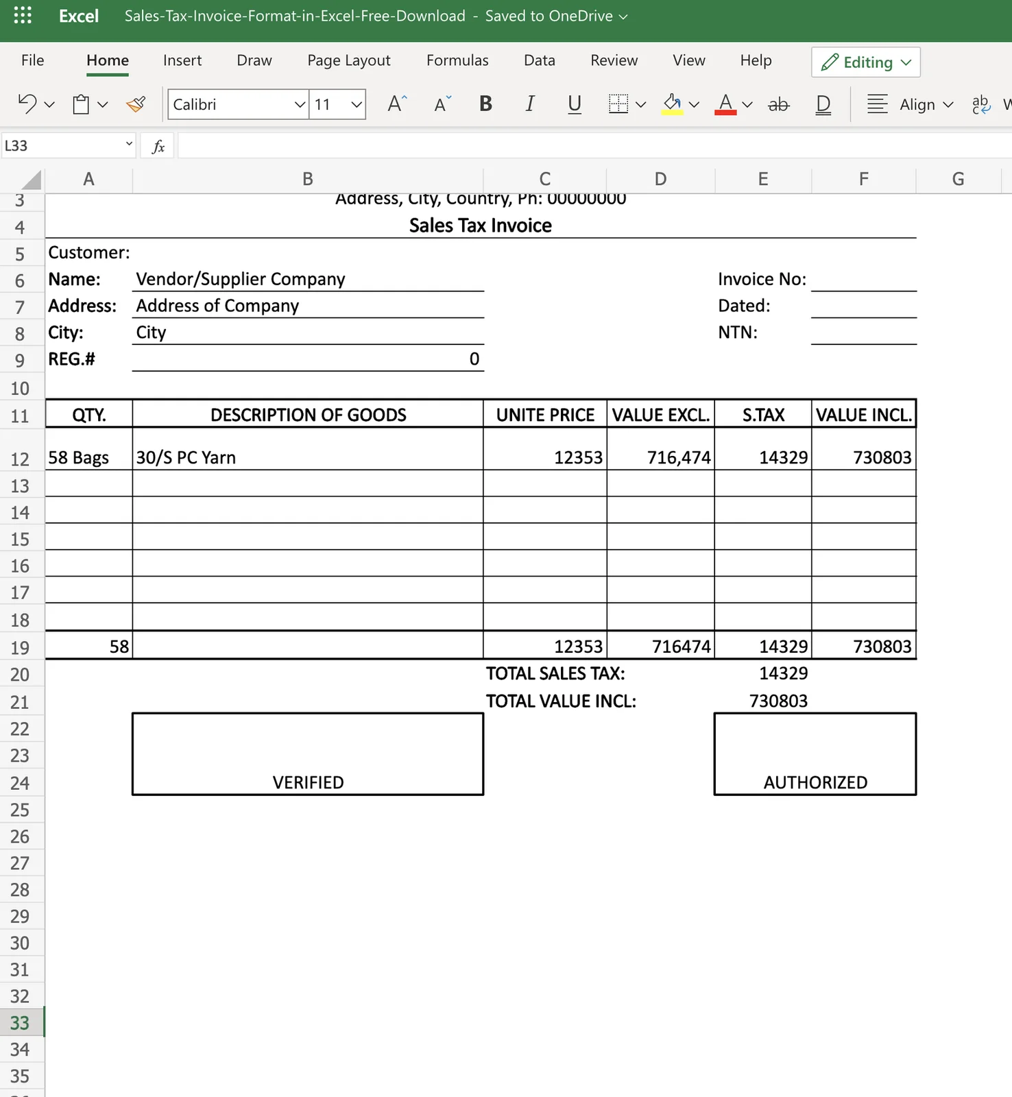 Sales Tax Invoice Template for Companies and Retailers