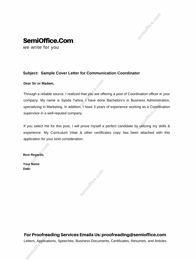 Sample Cover Letter for Communication Coordinator