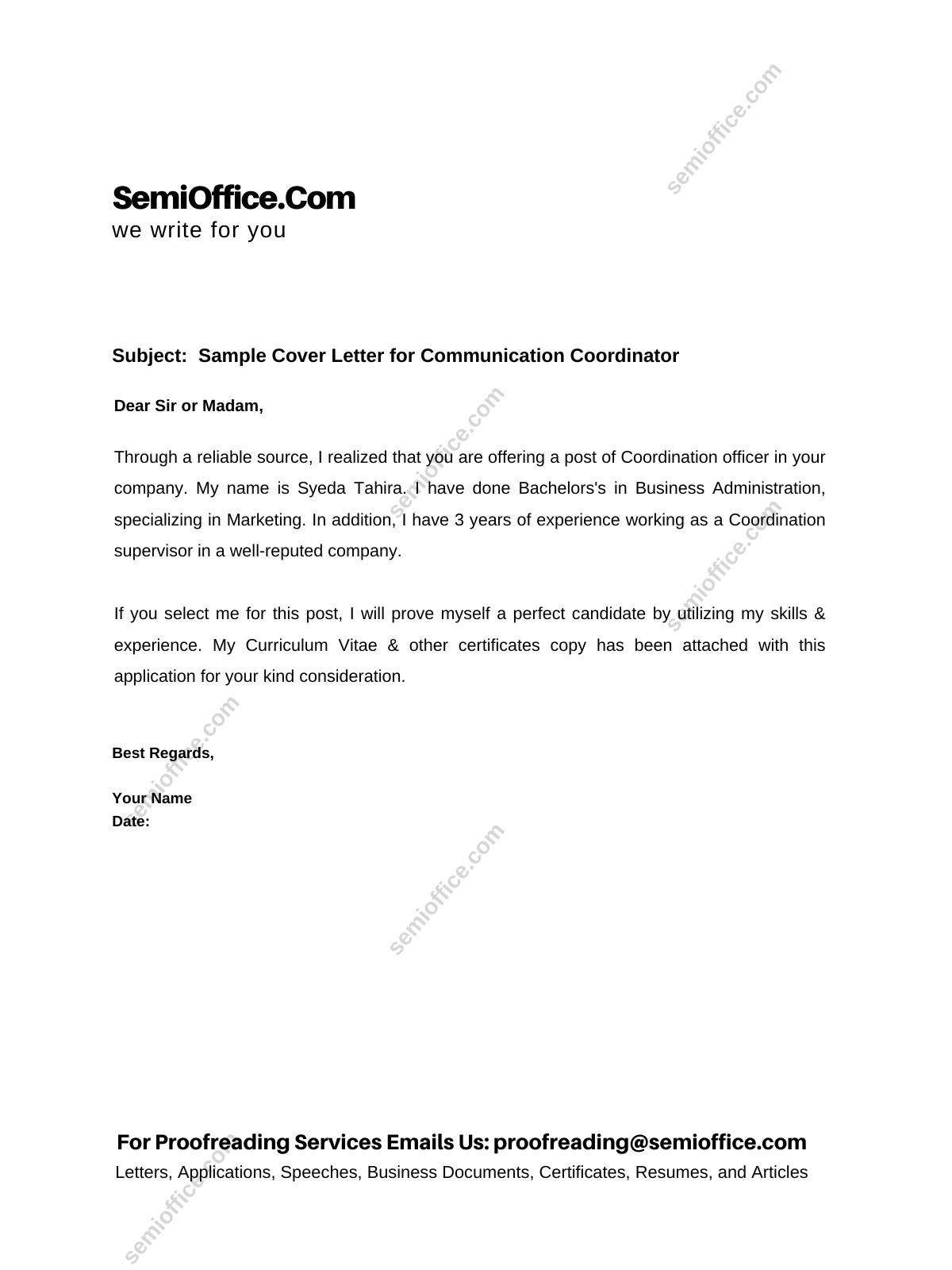 Sample Cover Letter for Communication Coordinator
