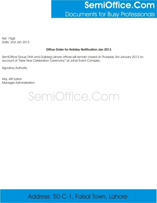 Sample Holiday Notification Letter Format for Office