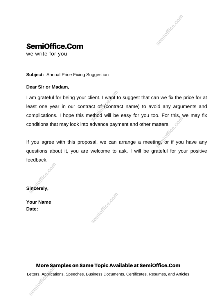 Sample Letter for Annual Price Fixing