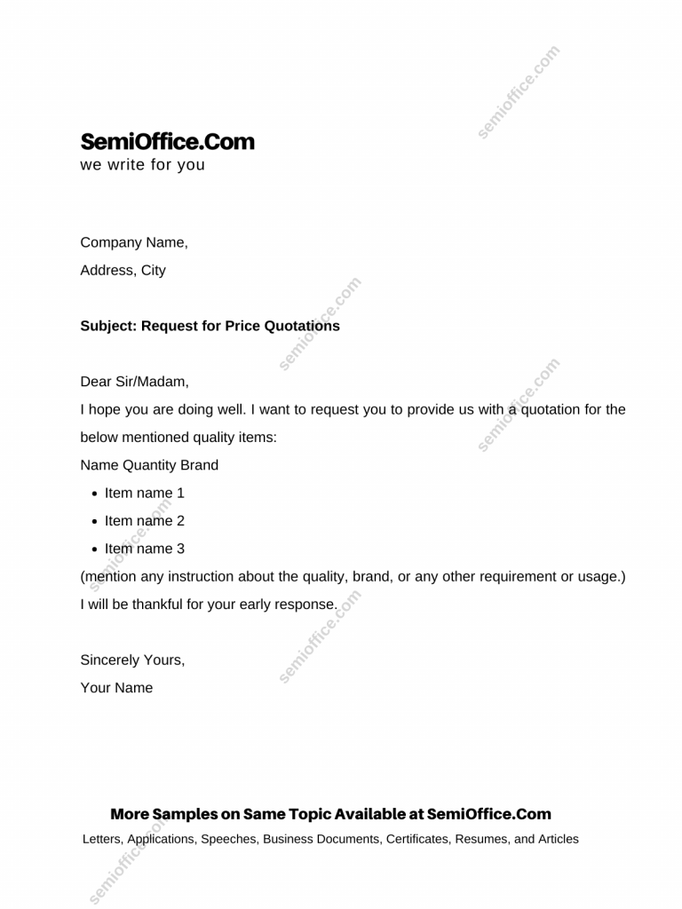 Sample Letter for Requesting Price Quotations