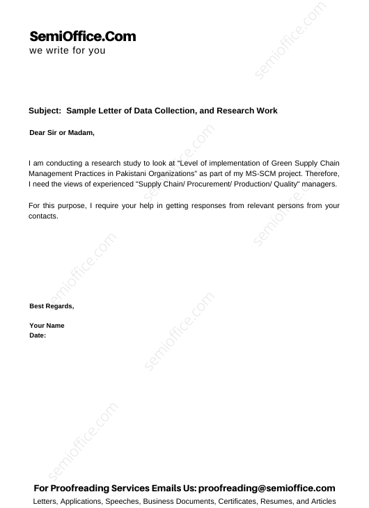 Sample Letter of Data Collection, and Research Work