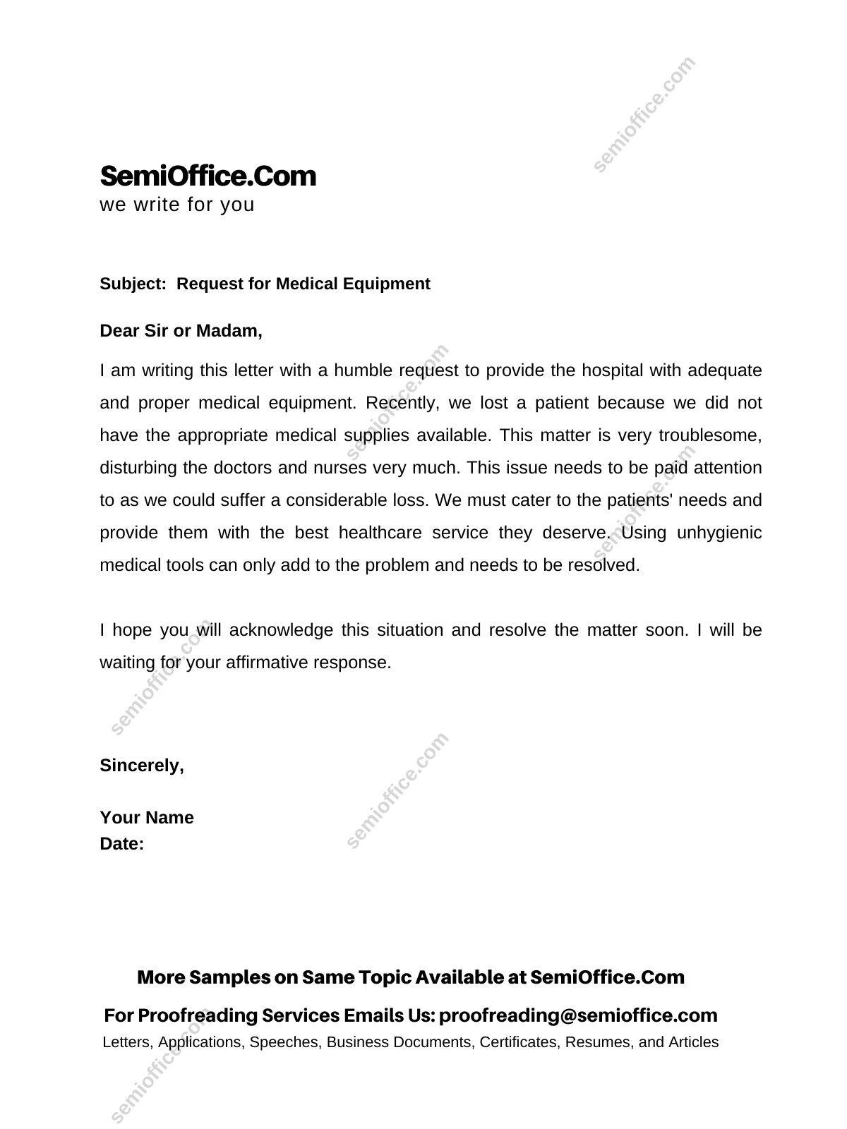 Sample Letter of Requesting Medical Equipment
