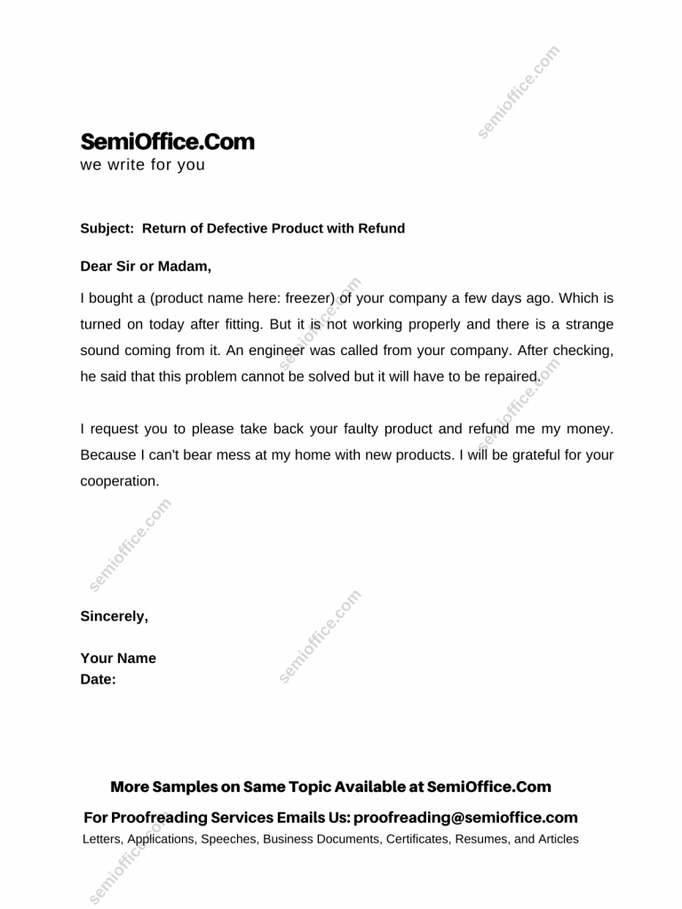 Sample Letter to Return a Defective Product to Seller or Company