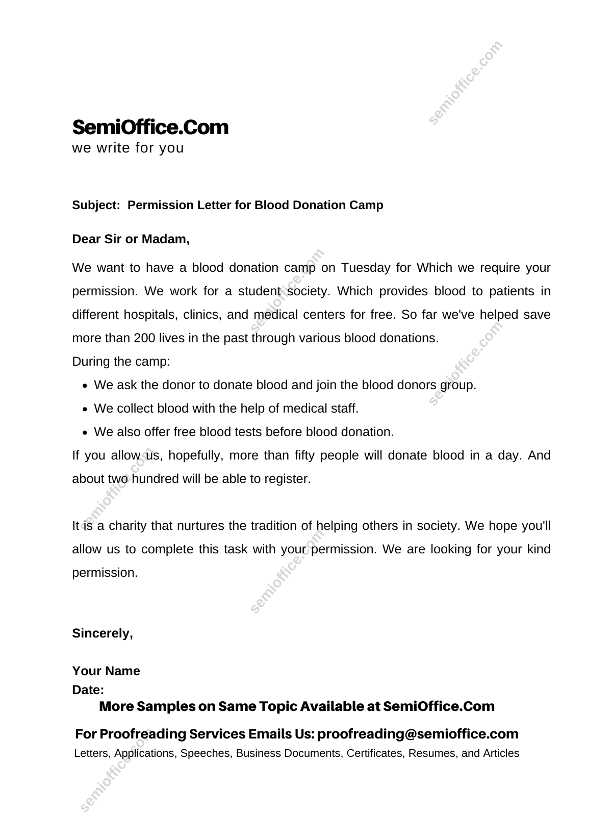 Permission Letter for Blood Donation Camp
