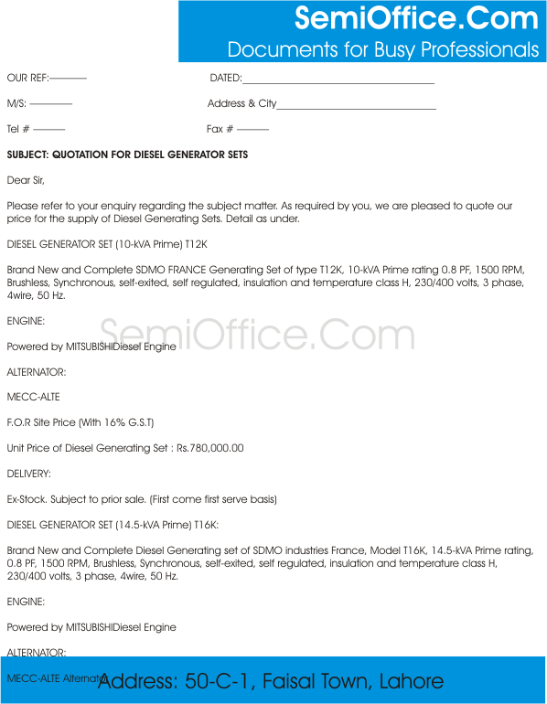 Sample Quotation for Spare Parts Free Download