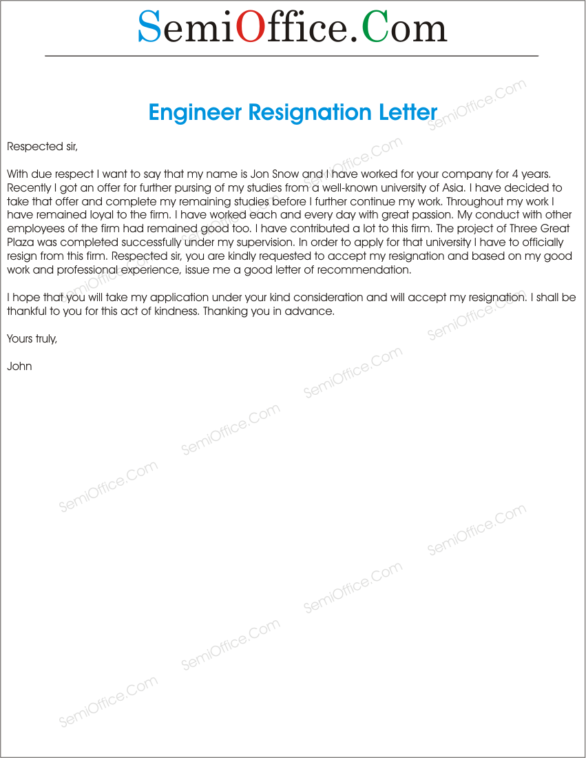 Sample Resign Letter for Engineer