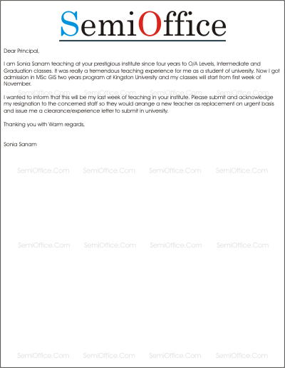 Sample Resignation Letter for Teachers