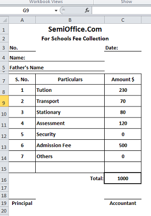School Fee Slip Format in Excel