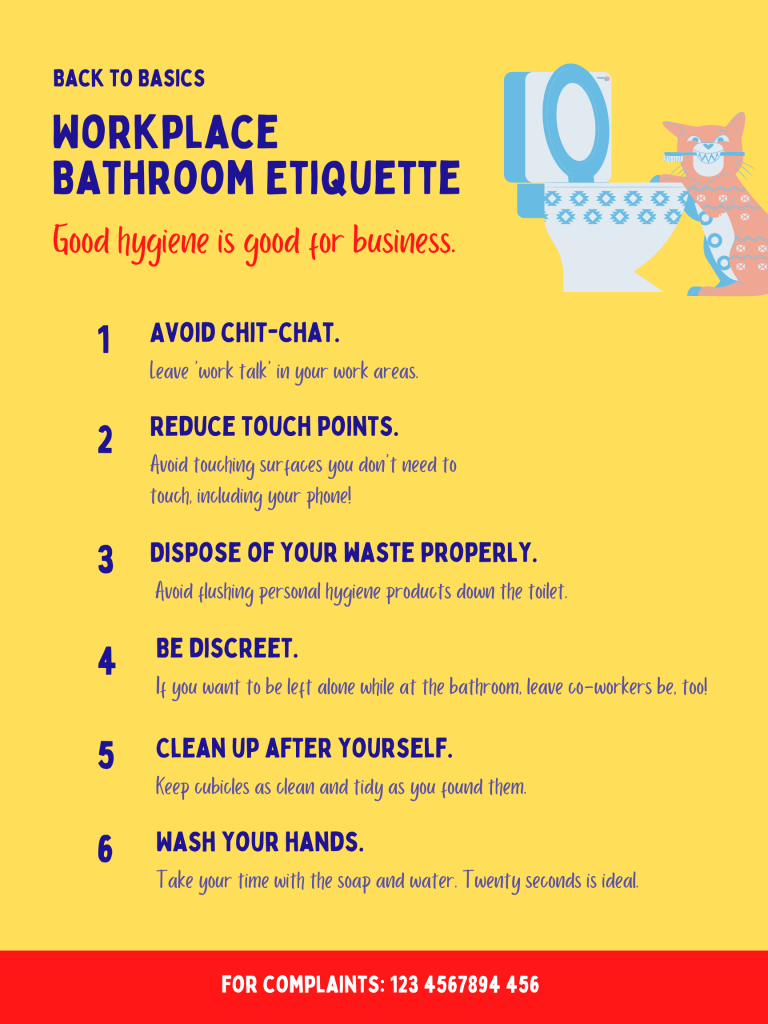 Soft & Friendly Personal Hygiene Bathroom Etiquette Health Explainer Poster for Office, School and Public Toilets