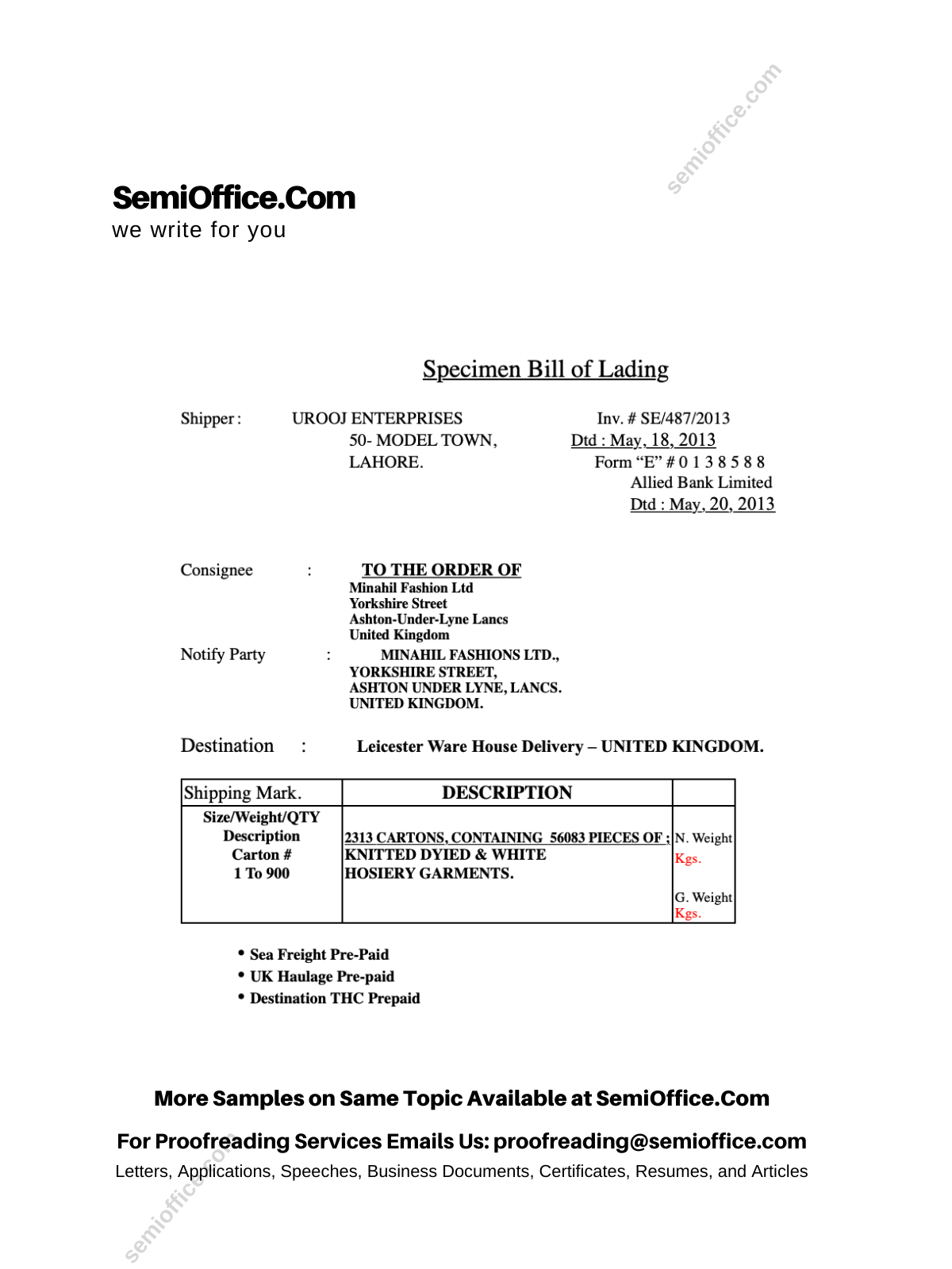Bill of Lading Form Sample Free Download