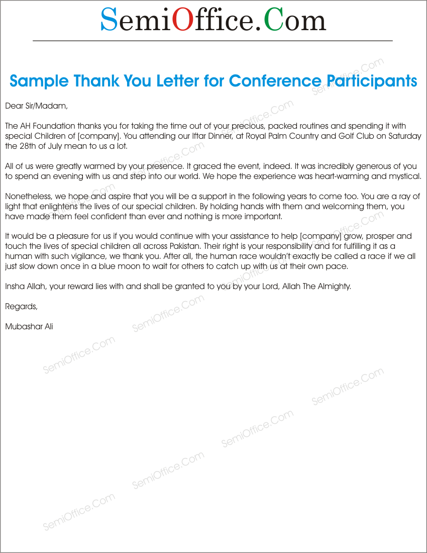 Thank You Letter Sample for Participants of Event