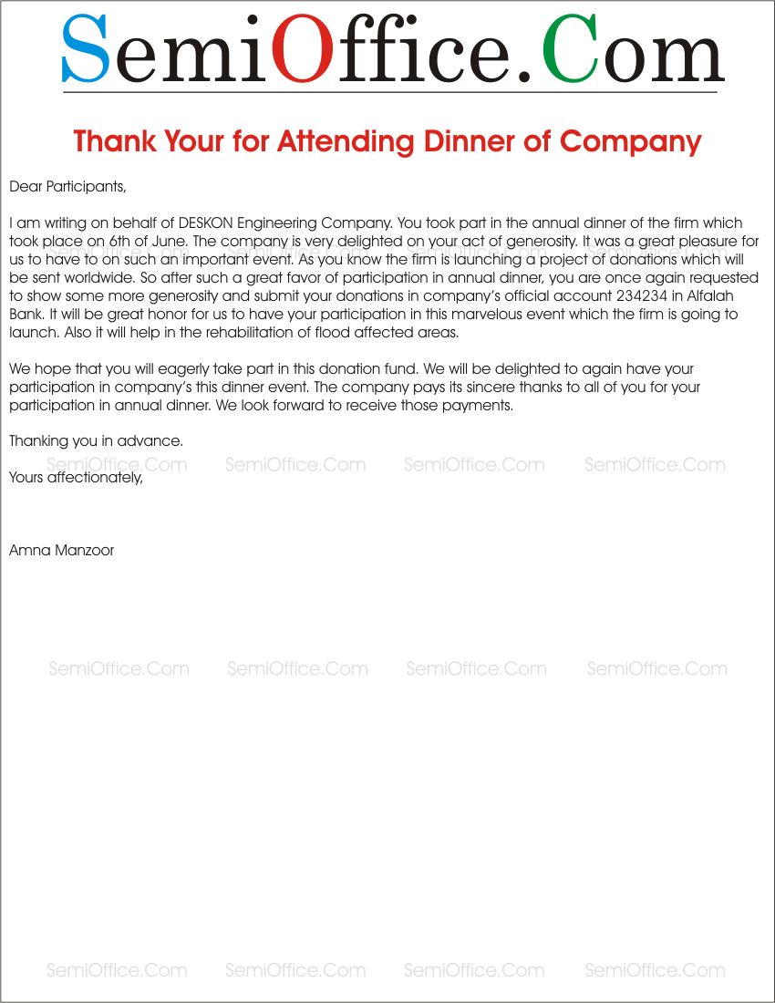 Thank You Letter to Attendees for Attending the Company Dinner