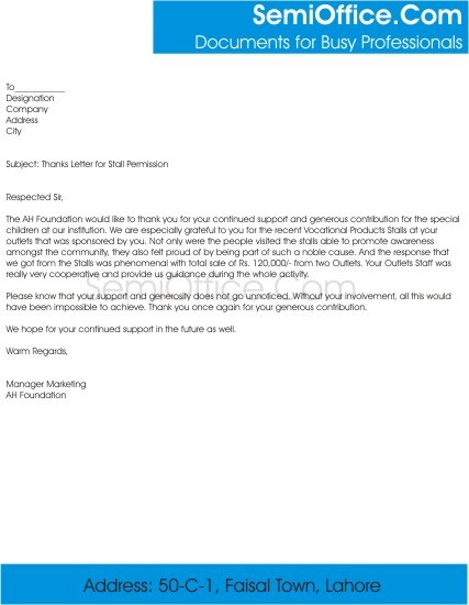 Thanks Letter for Stall Permission