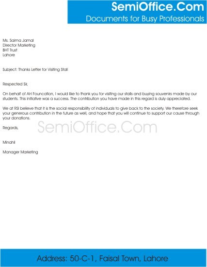 Thanks Letter for Visiting Stall