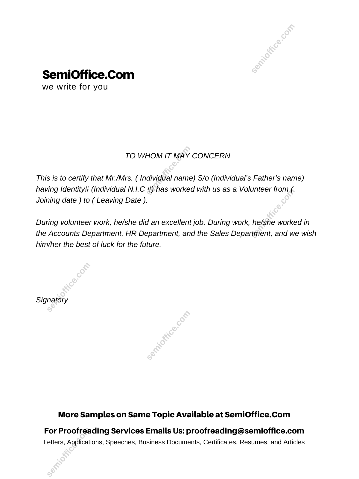 Volunteer Work Experience Letter by a Social Organisation for Volunteers and Social Workers
