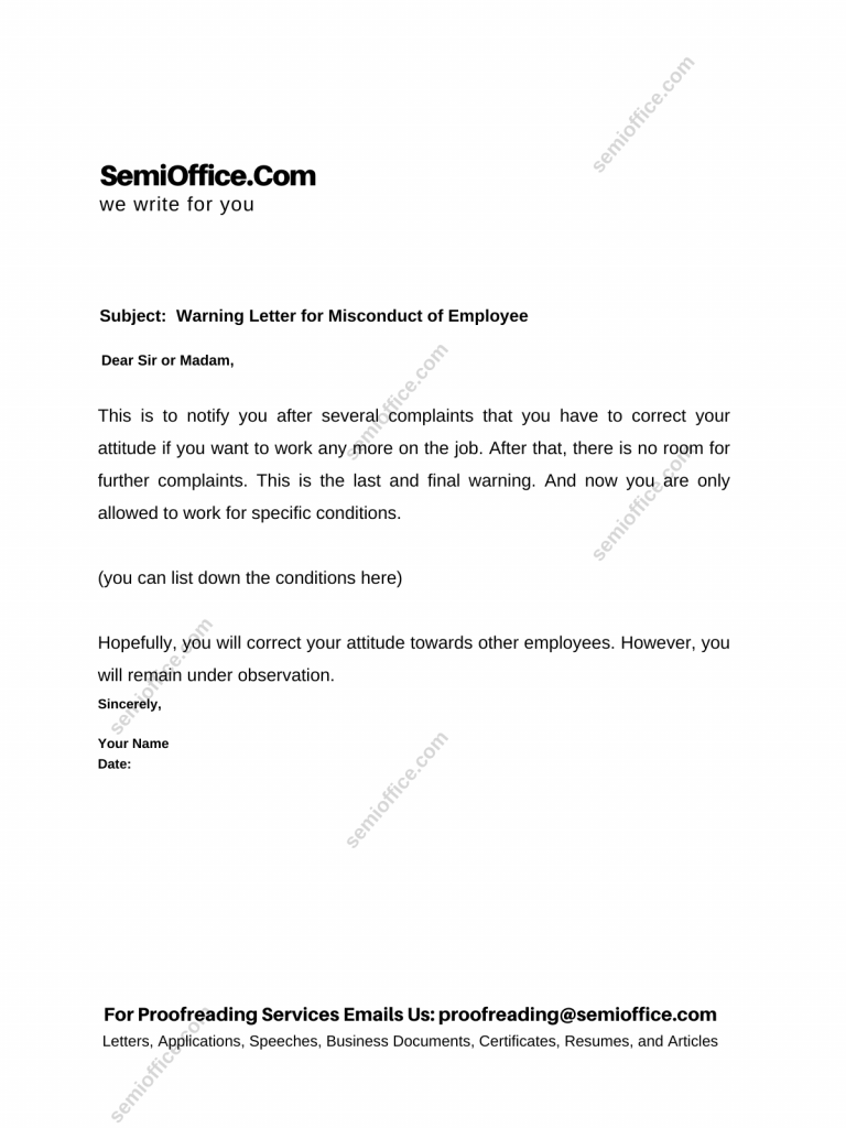 Warning Letter for Misconduct or Misbehaviour of Employee