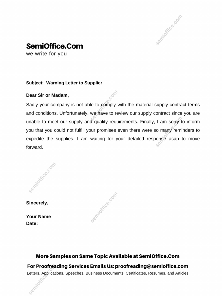 Warning and Complaint Letter to Supplier for Short Supply, Delayed Supply