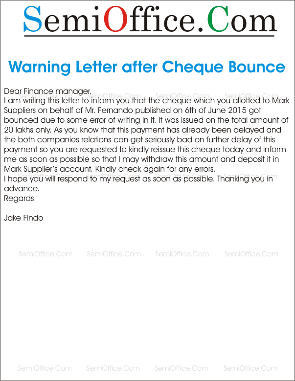 Warning Letter after Cheque Bounce