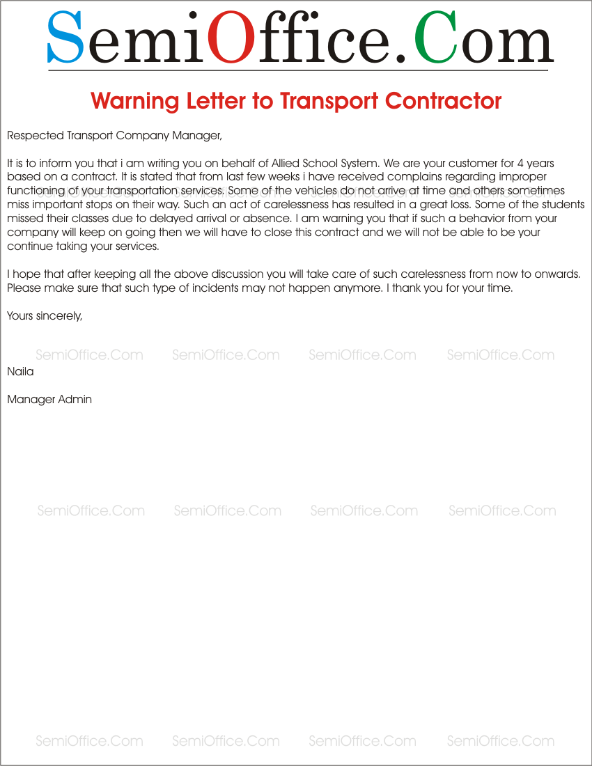 Warning Letter to Transporter from School