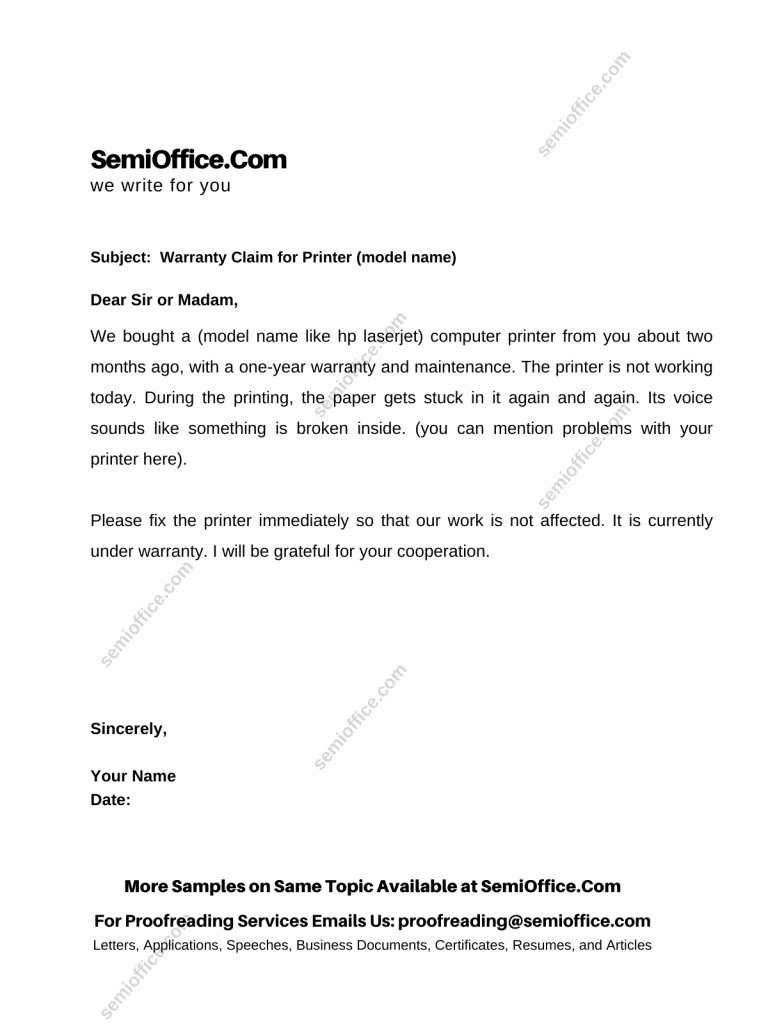 Warranty Claim Email Letter Template for Office Printer