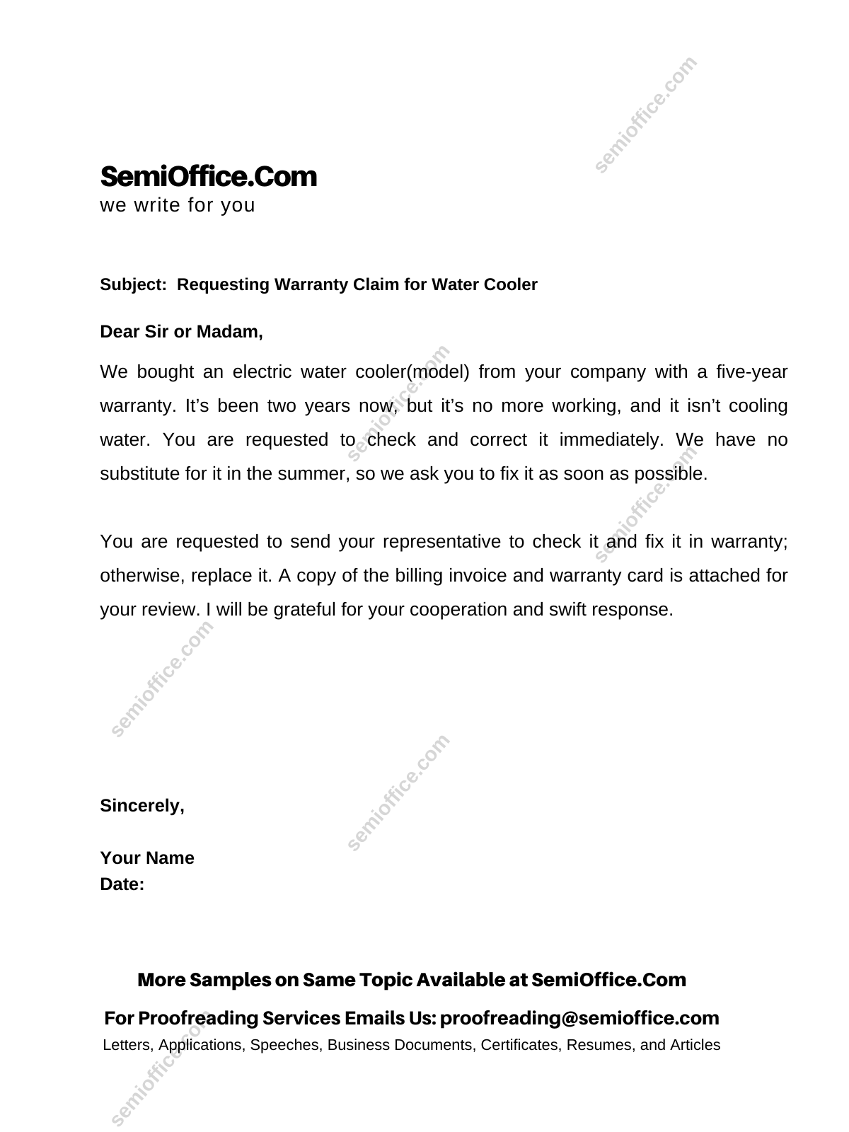 Warranty Claim Letter for Water Cooler