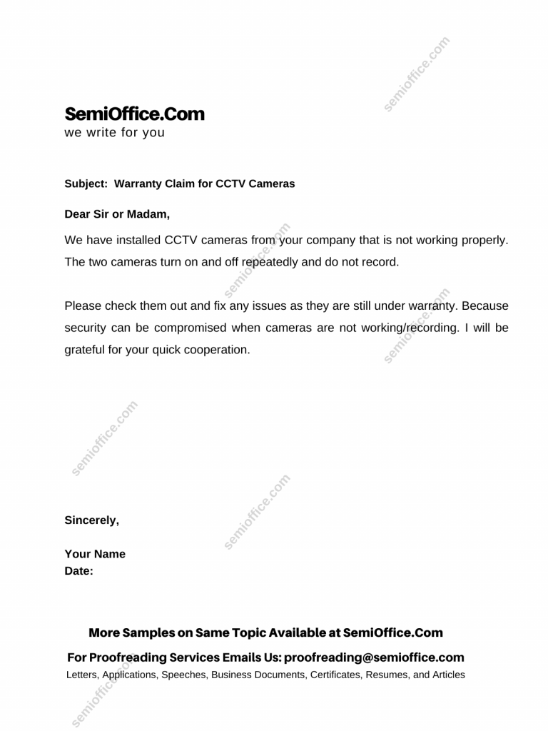 Warranty Claim Letter for CCTV Cameras