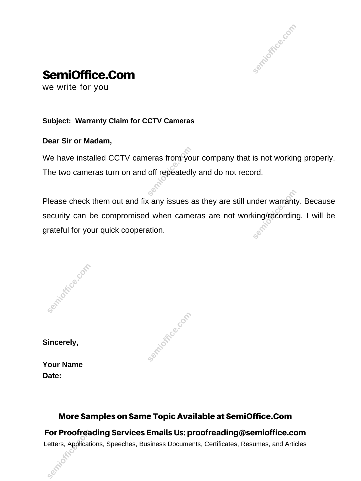 Warranty Claim Letter for CCTV Cameras