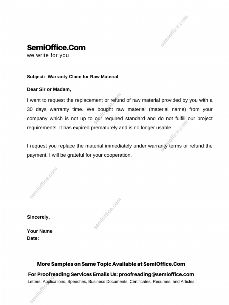 Warranty Claim Letter for Raw Material