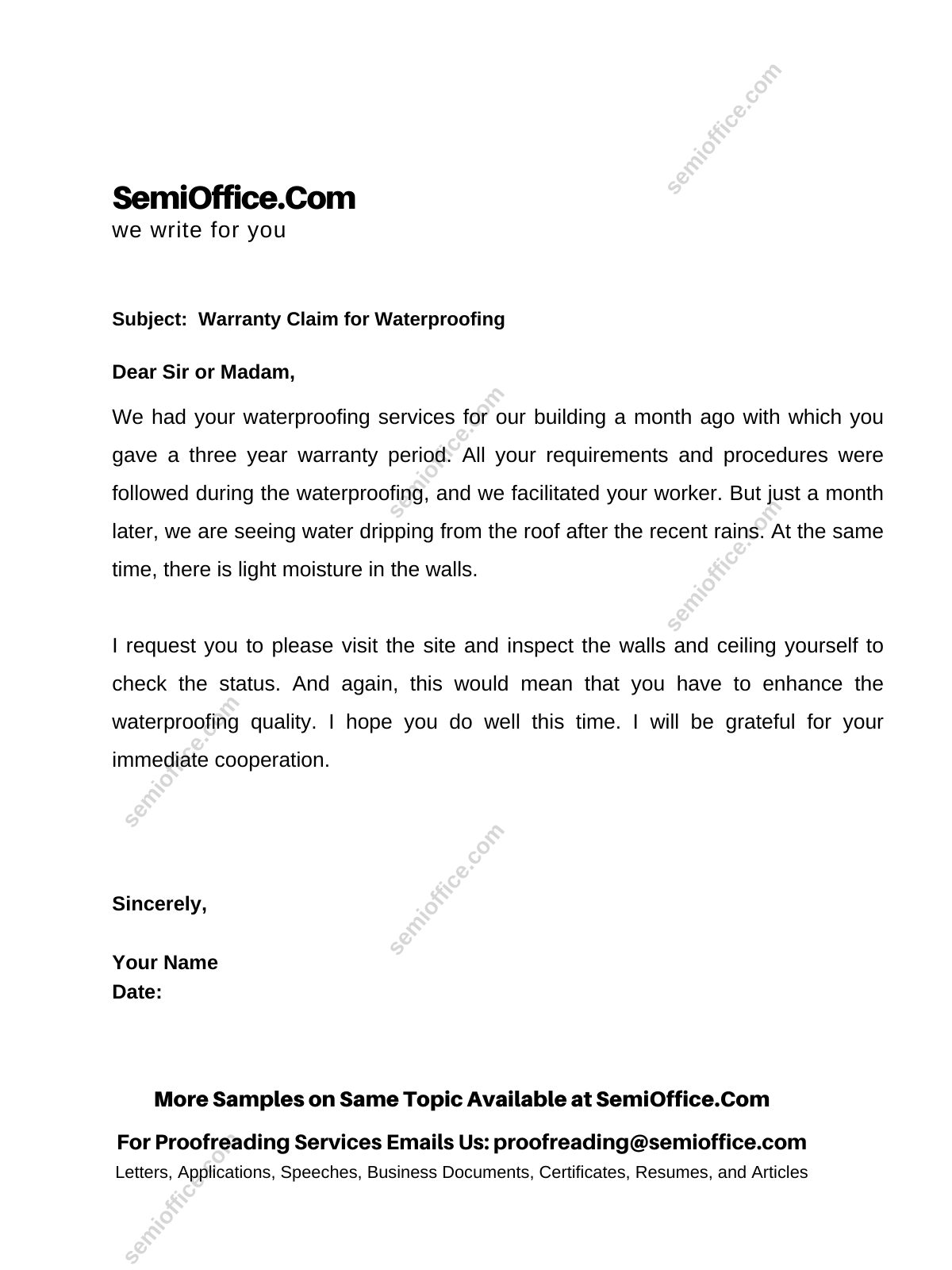 Warranty Claim Letter for Waterproofing of building, tank, floor, or boat etc.