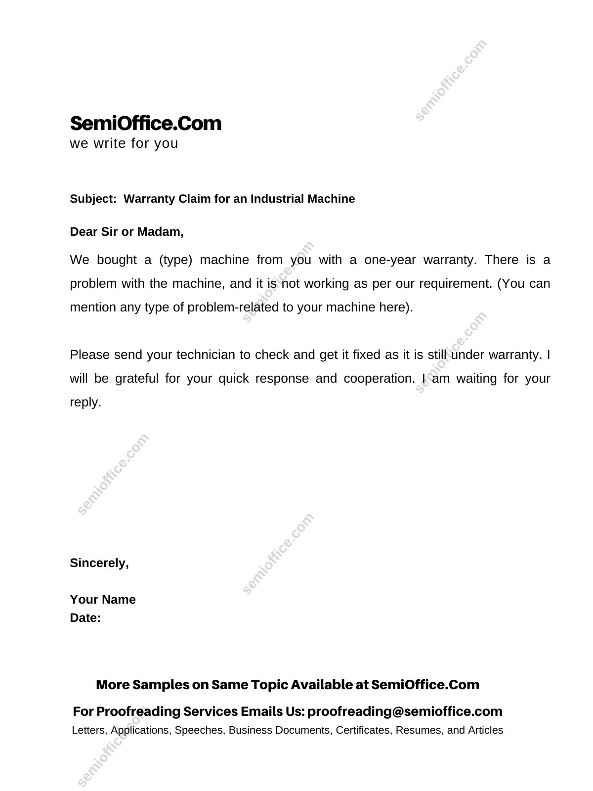 Warranty Claim Letter for an Industrial Machine