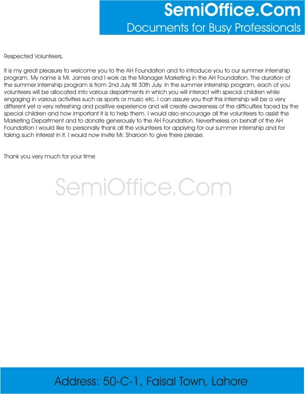 Welcome Address for Volunteers in Organisation or Companies