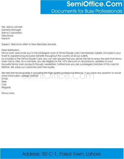 Welcome Letter to New Members Sample