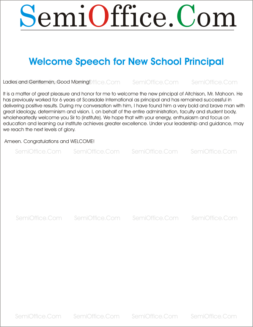 Welcome Address for New Principal