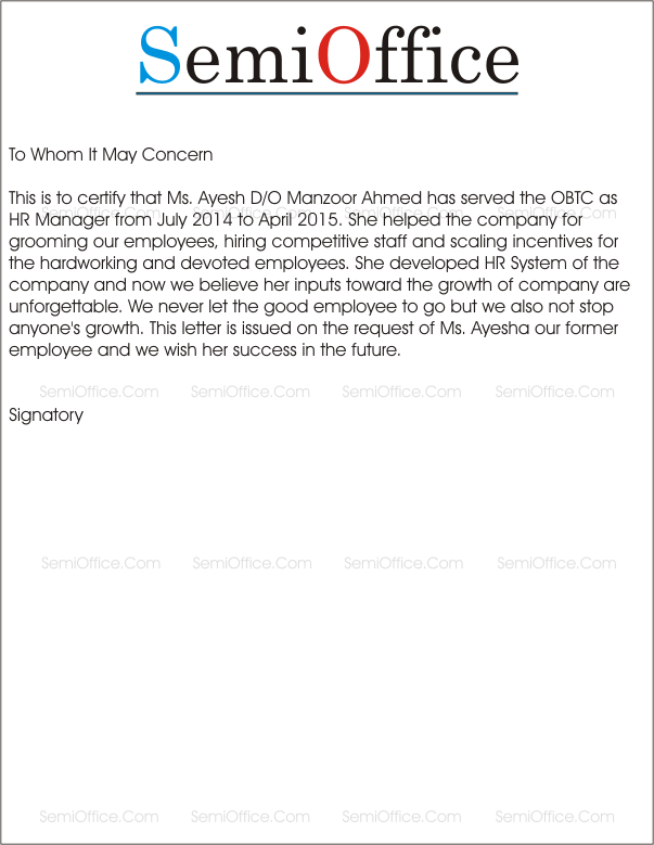 Work Experience Letter for HR Manager