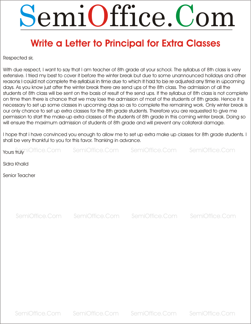Write a Letter to Principal for Extra Classes
