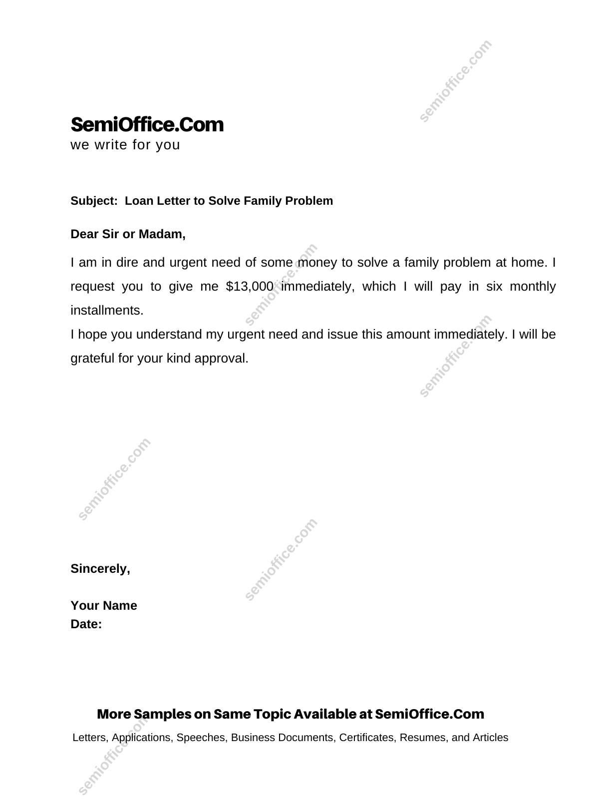 Personal Loan Request Letter application for family problem, domestic problem, personal use etc.