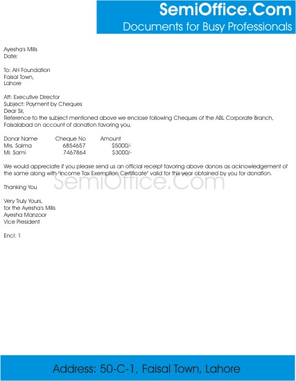 Cheque Sending Letter Format | SemiOffice.Com