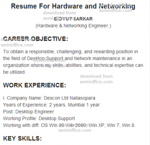 Resume For Hardware, and Networking Engineer Fresher | SemiOffice.Com