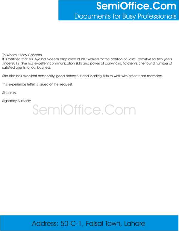 Experience Letter For Sales Executive Free Download