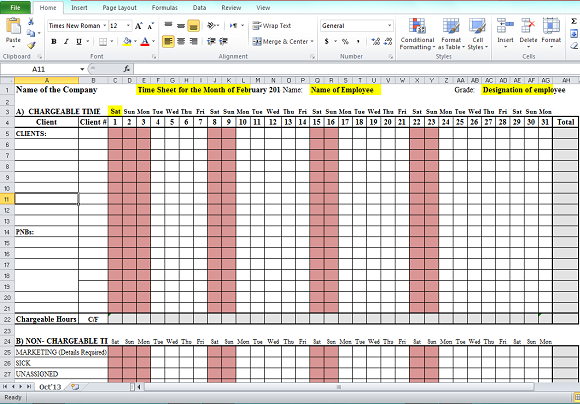 Timesheet Format in Excel Free Download