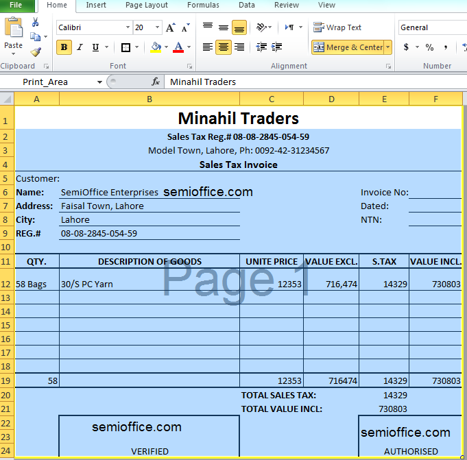 Sales Tax Invoice Format in Excel Free Download | SemiOffice.Com