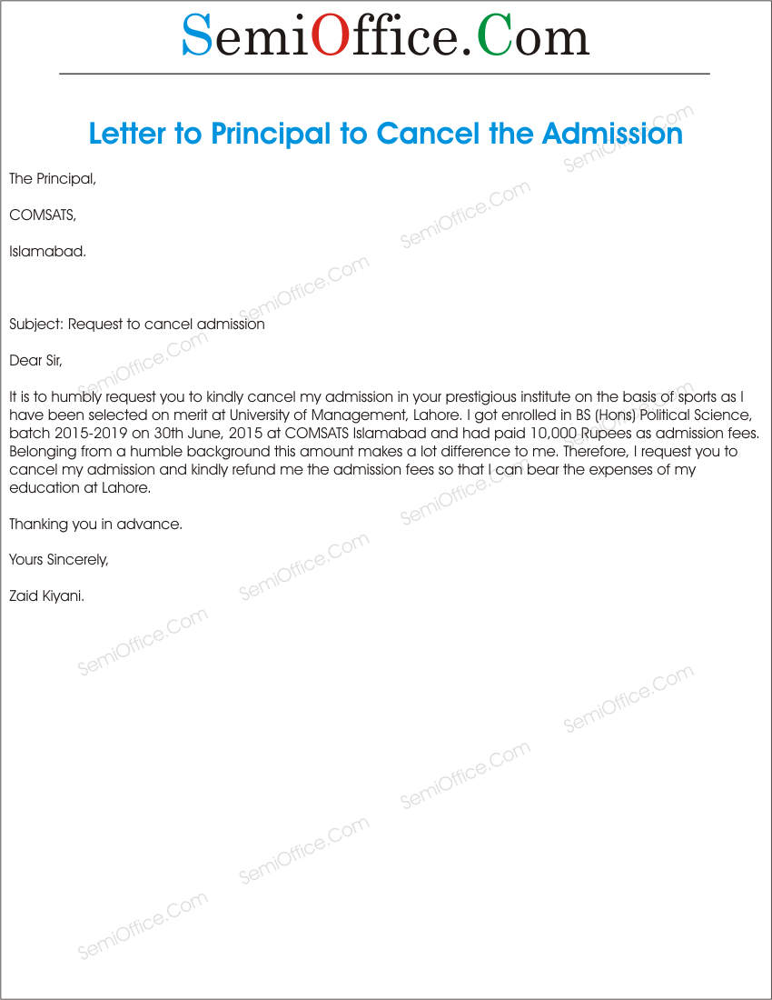 Application For Cancellation Of Admission