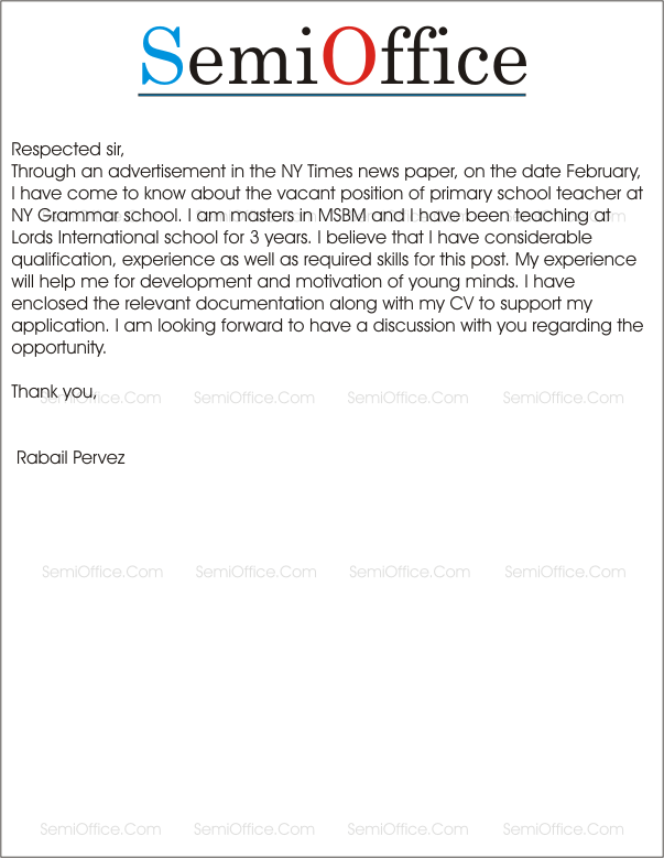 Primary School Teacher Application Cover Letter August 2021