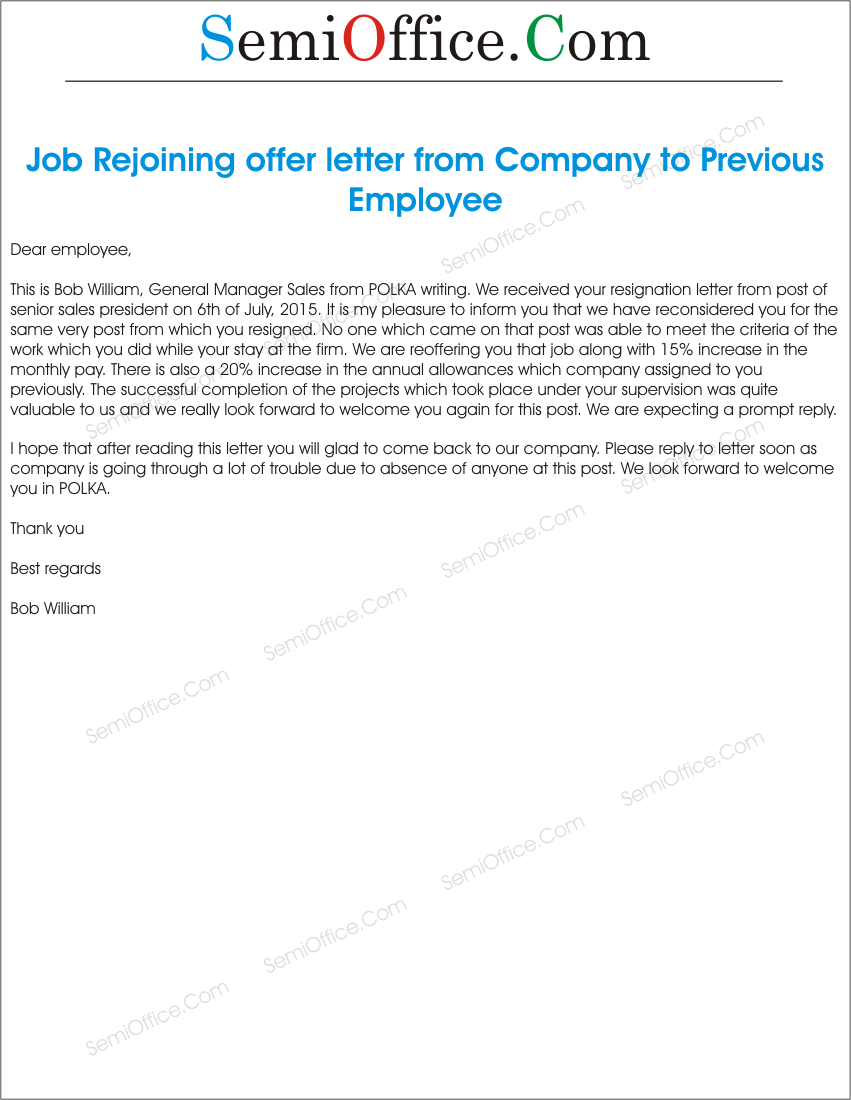 Sample Job Rejoining Offer Letter Of Old Employee